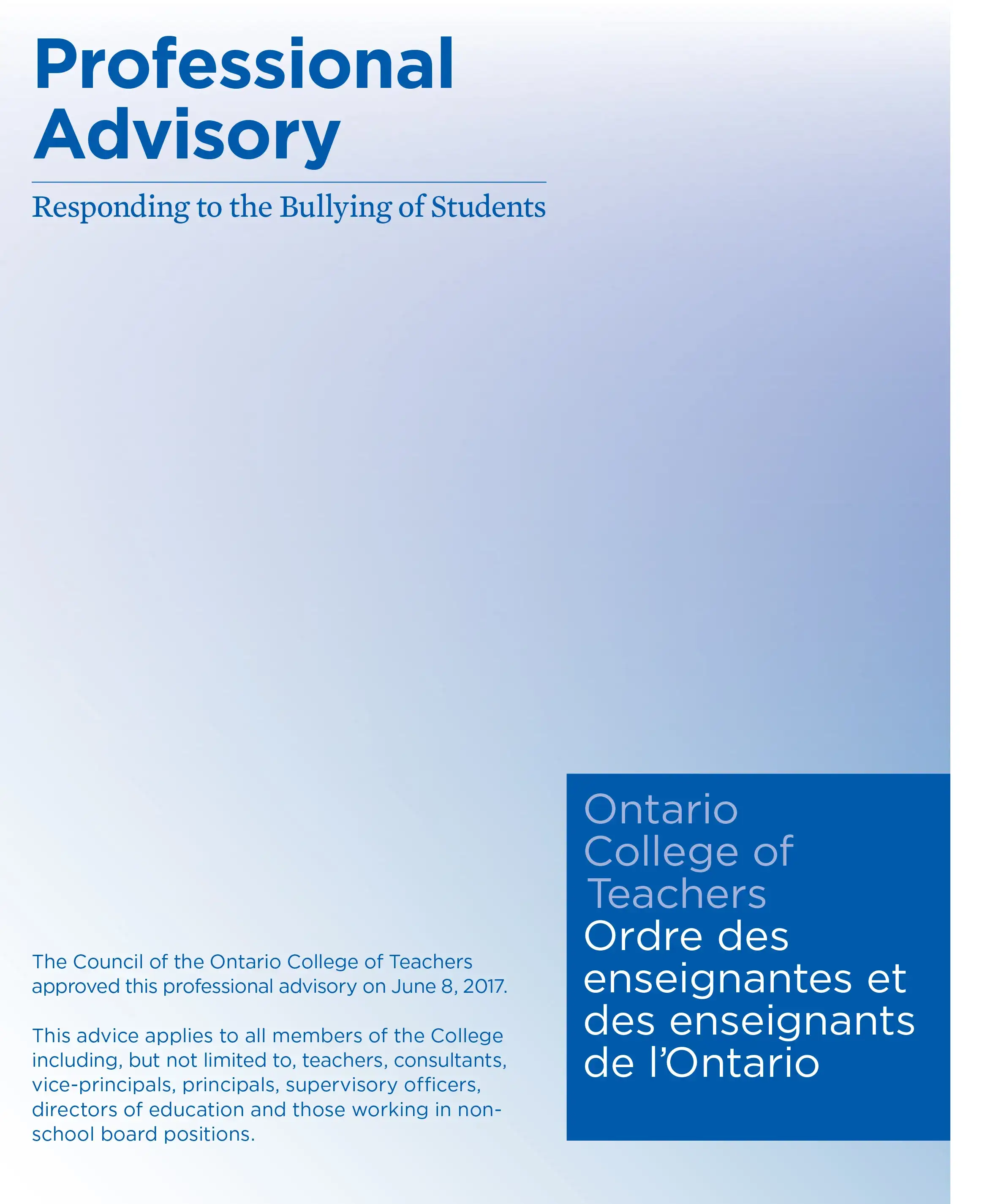 Responding to the Bullying of Students Professional Advisory cover